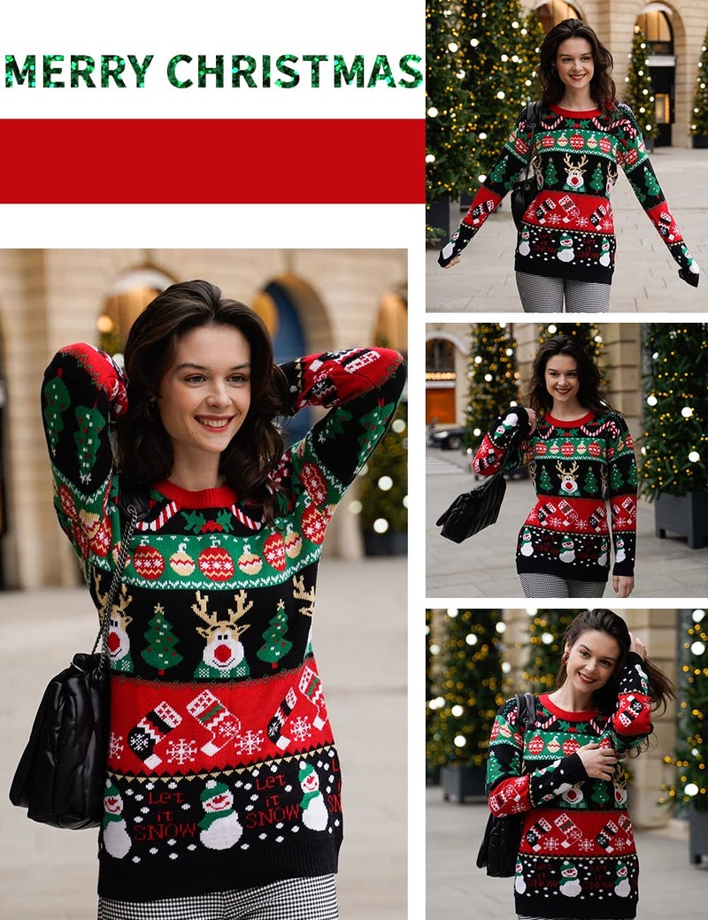 v28 Women Ugly Christmas Sweater Vintage Pullover Oversized Crew Neck Long Sleeve Knit Sweaters (Beauty Snowman Black,L) - Image 4